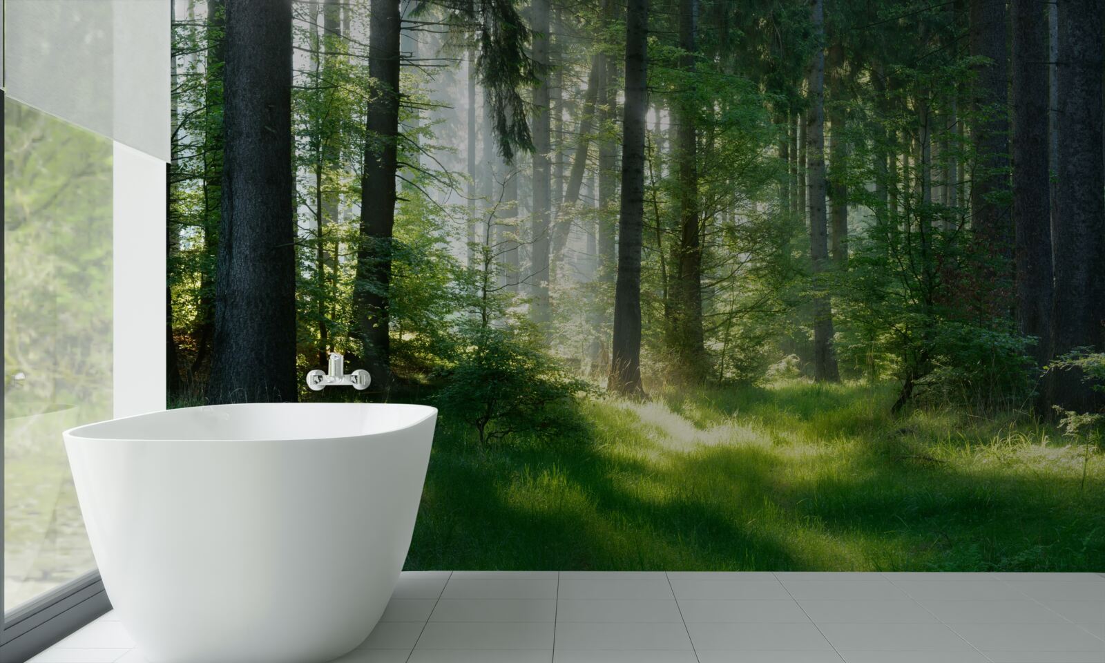 Фотошпалери ранок у лісі, в оточенні зелені