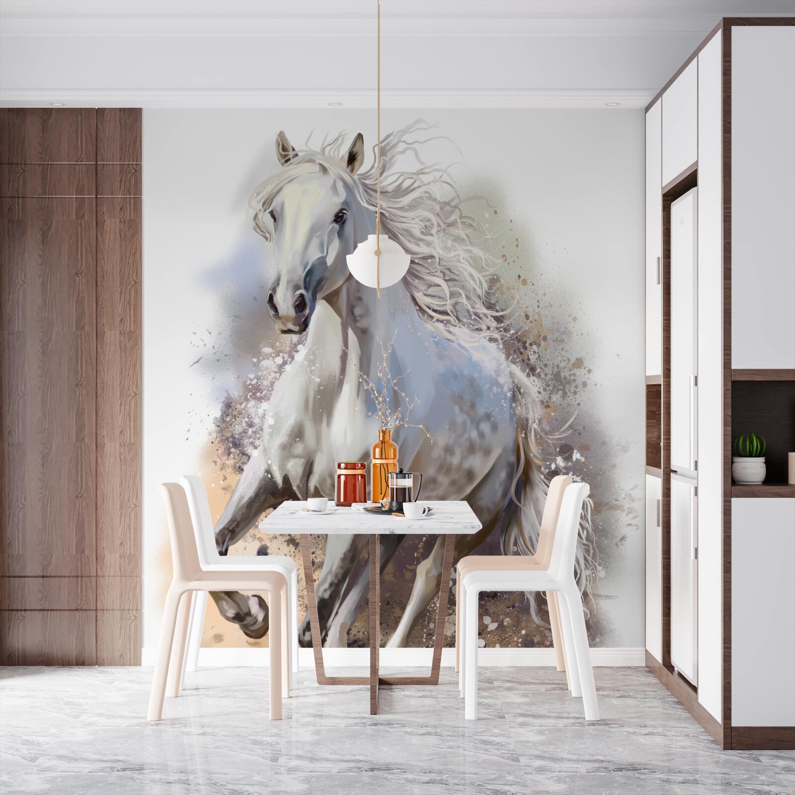 Фотошпалери Білосніжний кінь з розкішною гривою мчить швидко