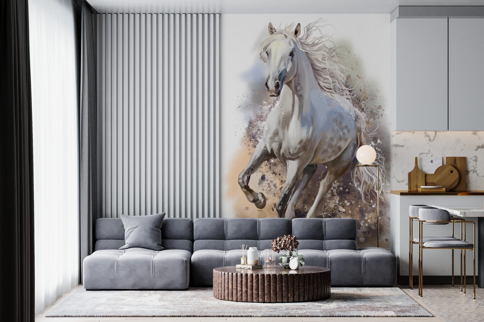 Фотошпалери Білосніжний кінь з розкішною гривою мчить швидко