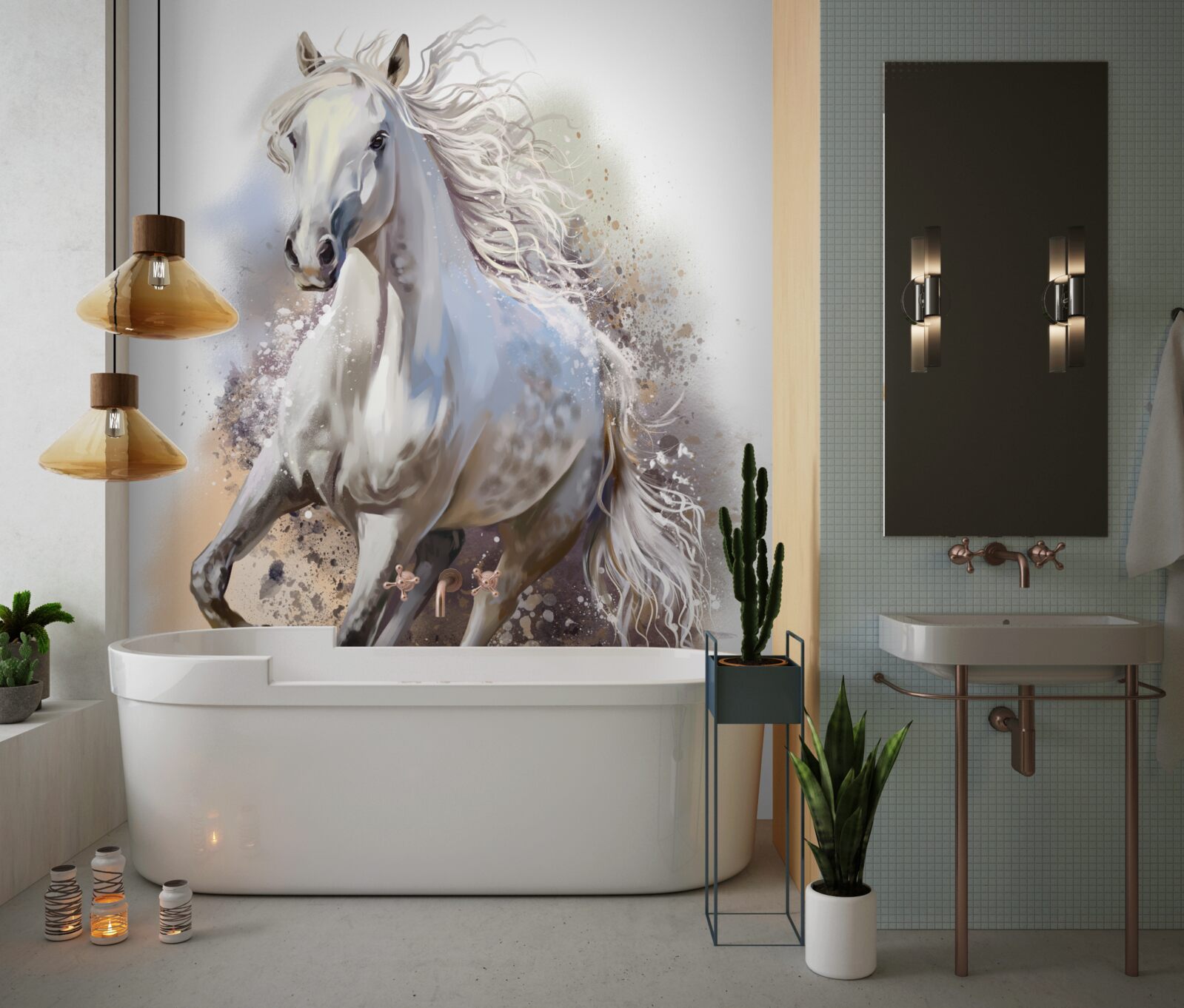 Фотошпалери Білосніжний кінь з розкішною гривою мчить швидко