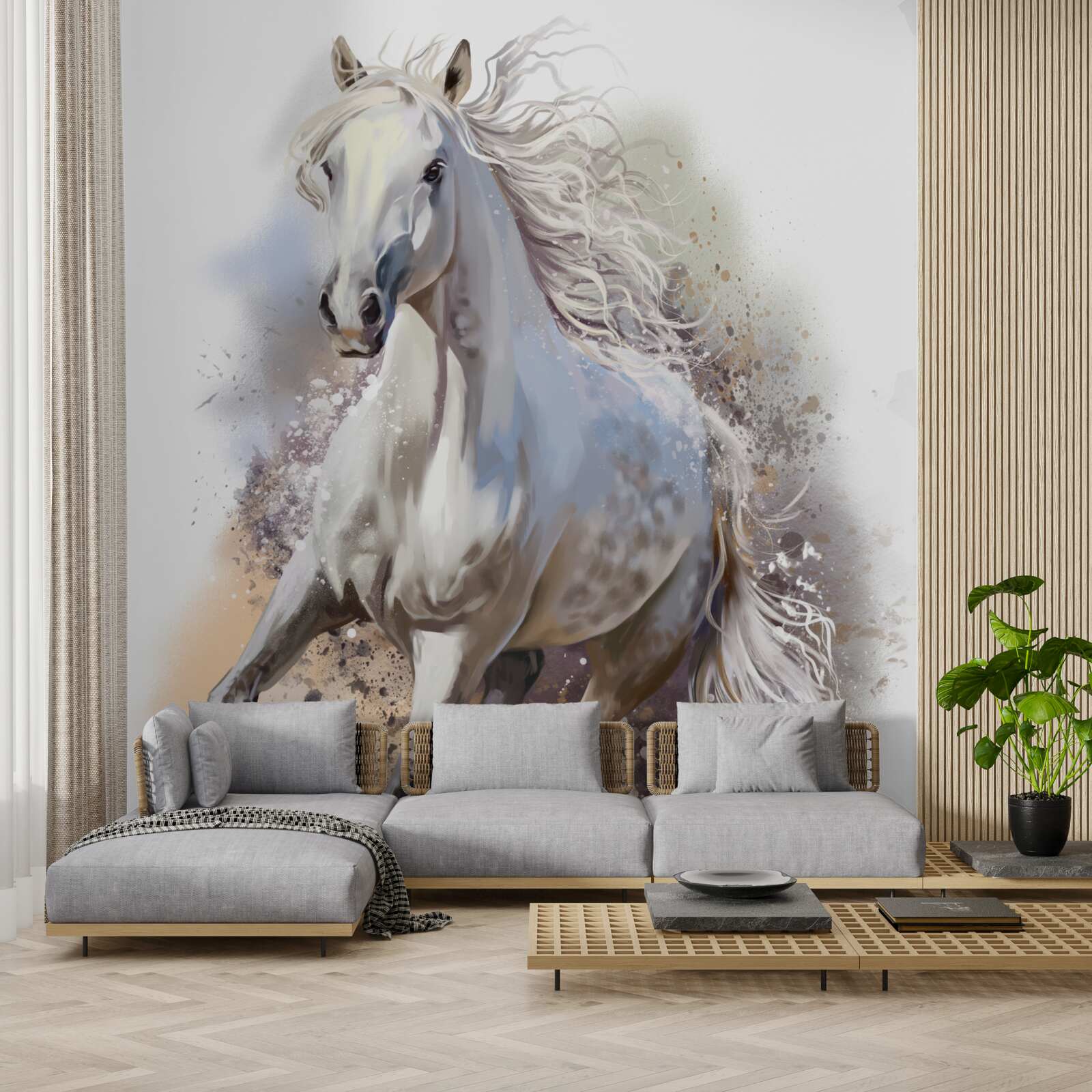 Фотошпалери Білосніжний кінь з розкішною гривою мчить швидко