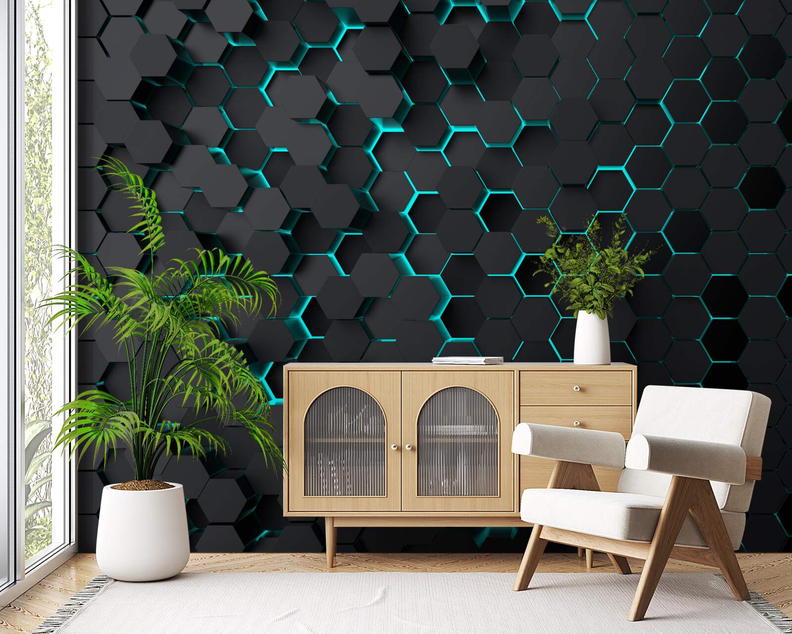 Фотошпалери неонові чорні стільники