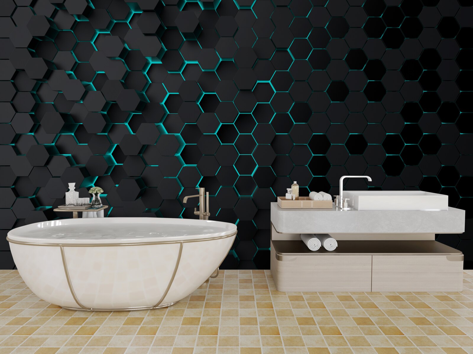 Фотошпалери неонові чорні стільники