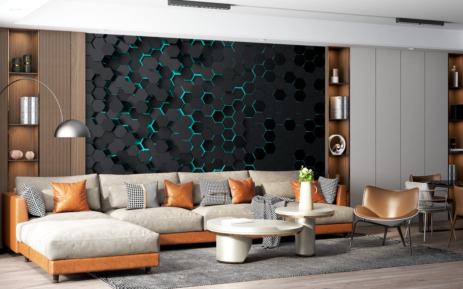 Фотошпалери неонові чорні стільники