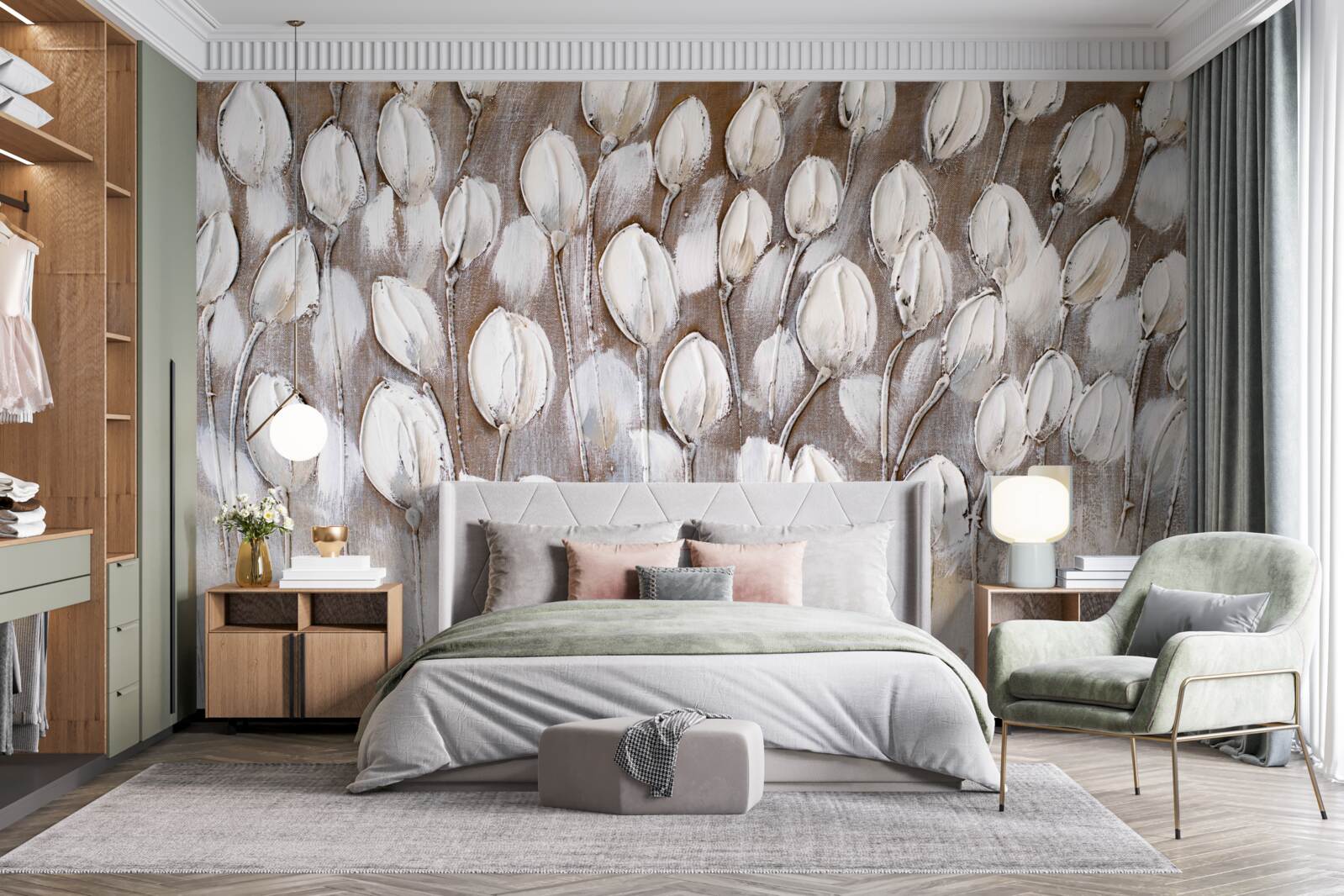 Фотошпалери білі тюльпани в полі ще не розкрилися