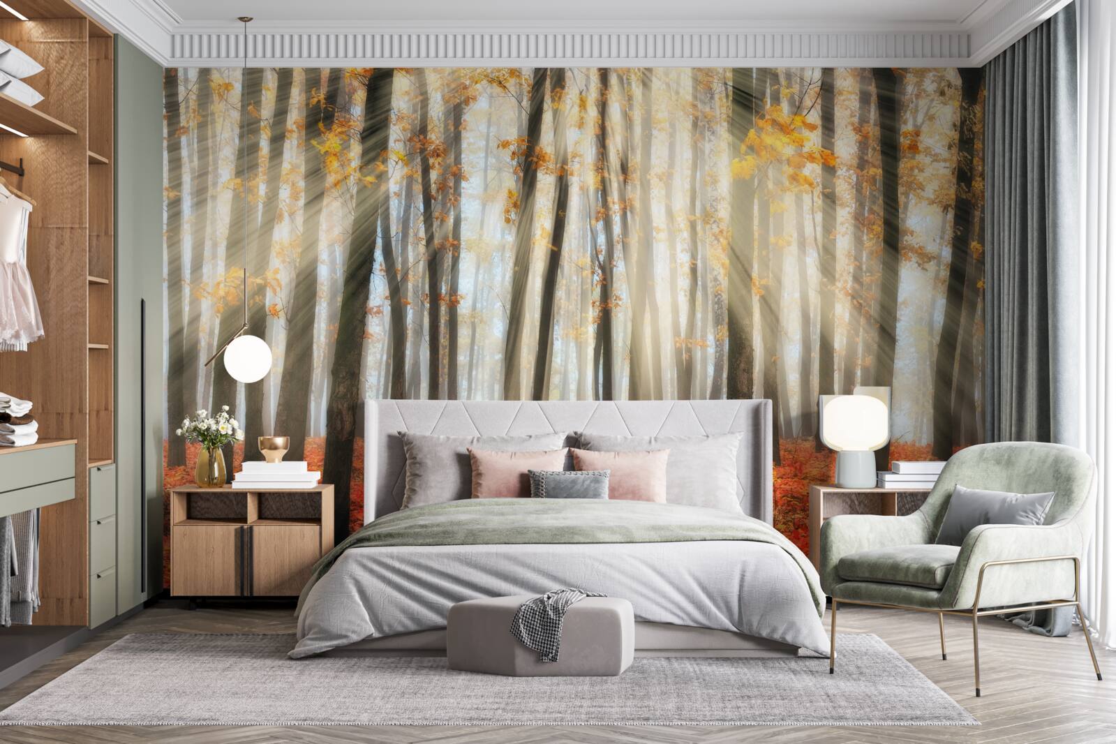 Фотошпалери сонячне світло і витончені осінні дерева, які втратили листя