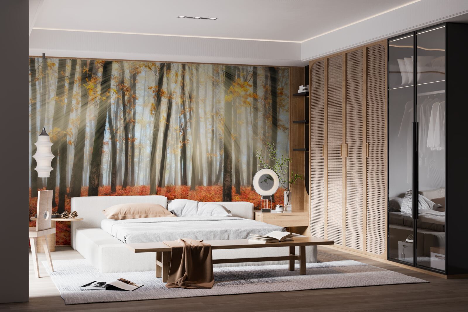 Фотошпалери сонячне світло і витончені осінні дерева, які втратили листя