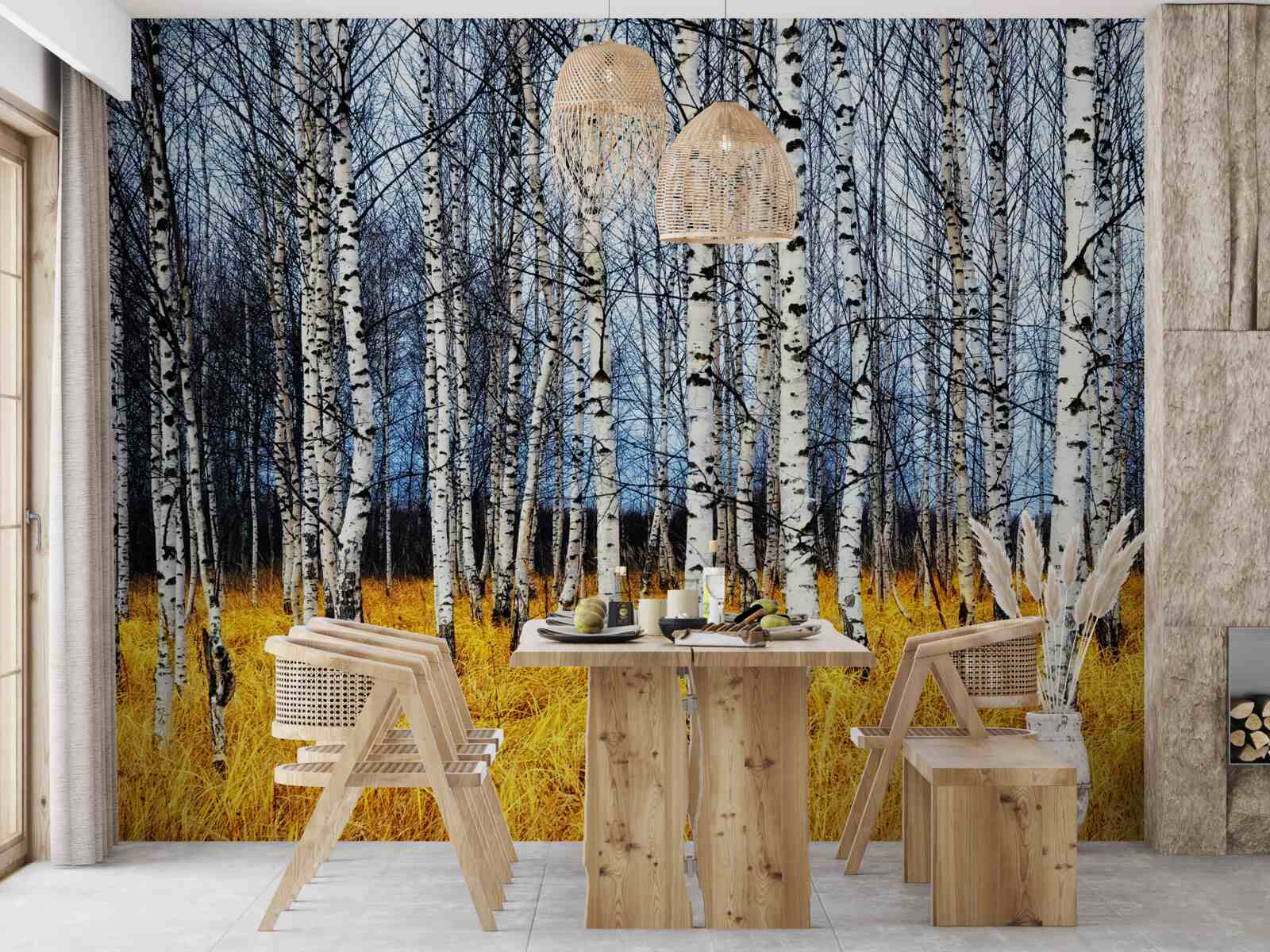 Фотошпалери опале березове листя на тлі жовтіючої лісової трави