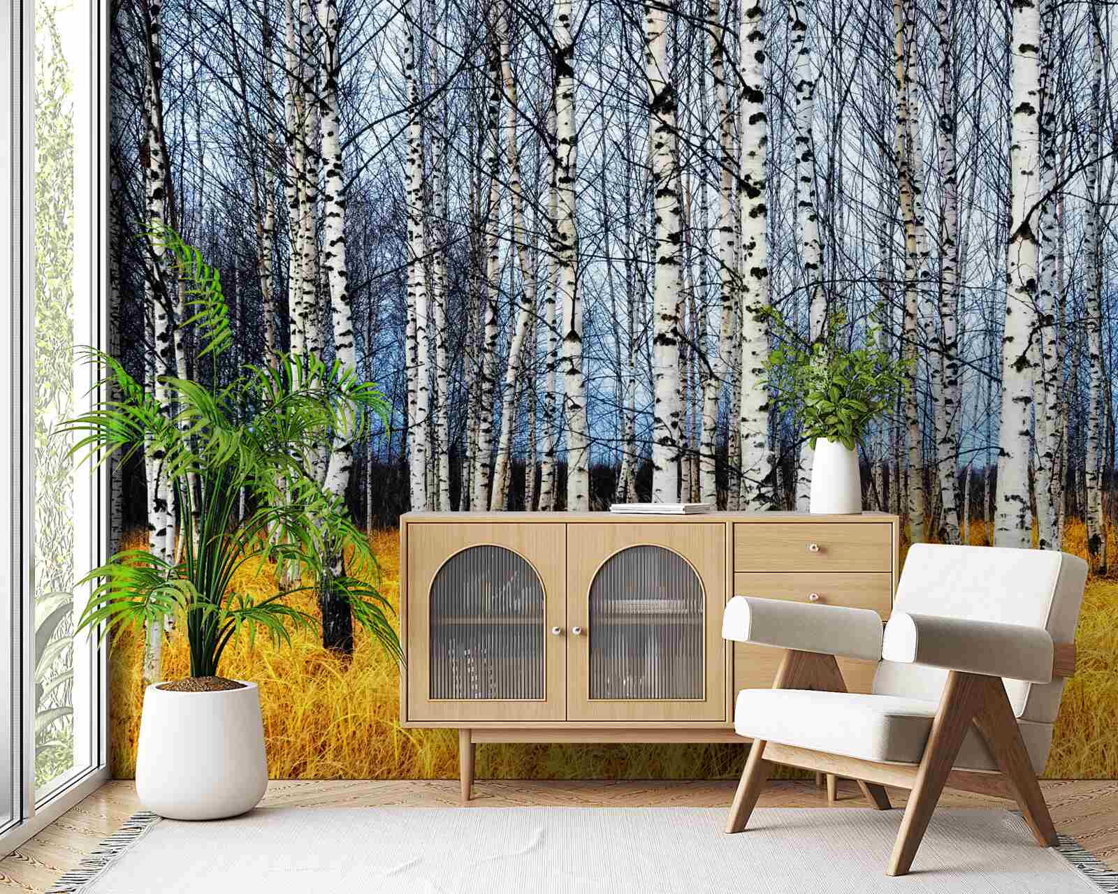 Фотошпалери опале березове листя на тлі жовтіючої лісової трави