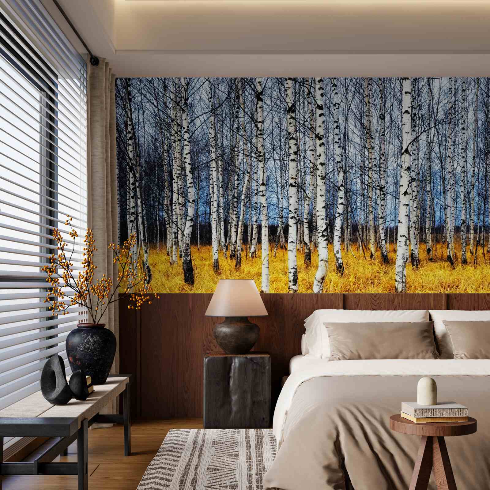 Фотошпалери опале березове листя на тлі жовтіючої лісової трави