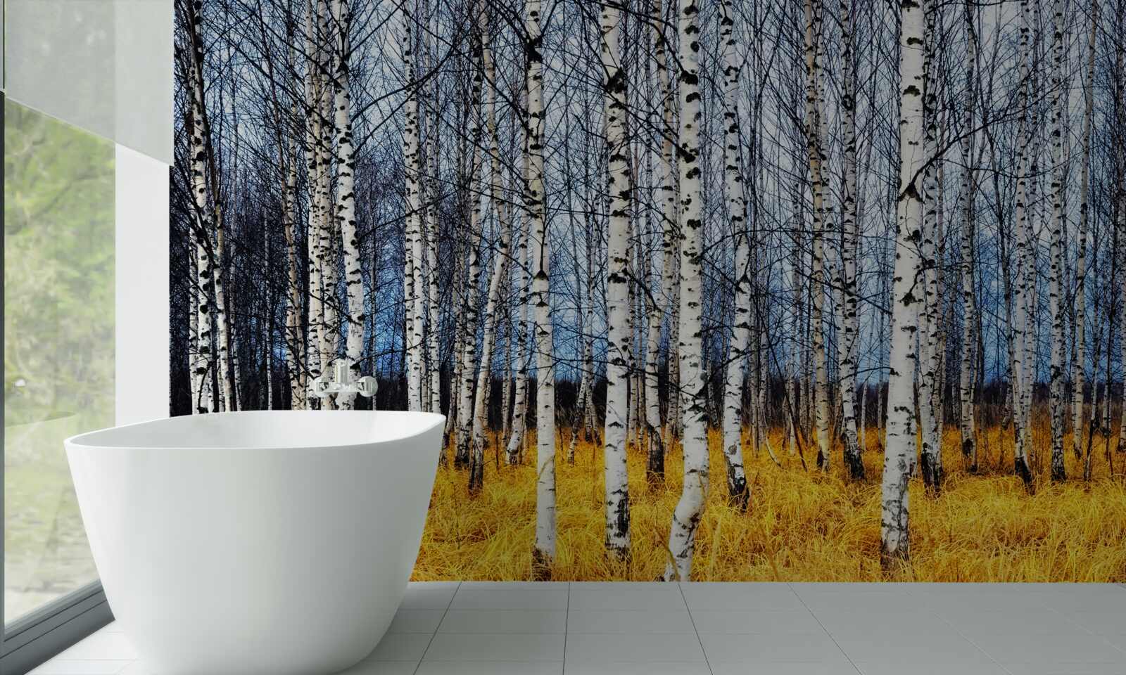 Фотошпалери опале березове листя на тлі жовтіючої лісової трави