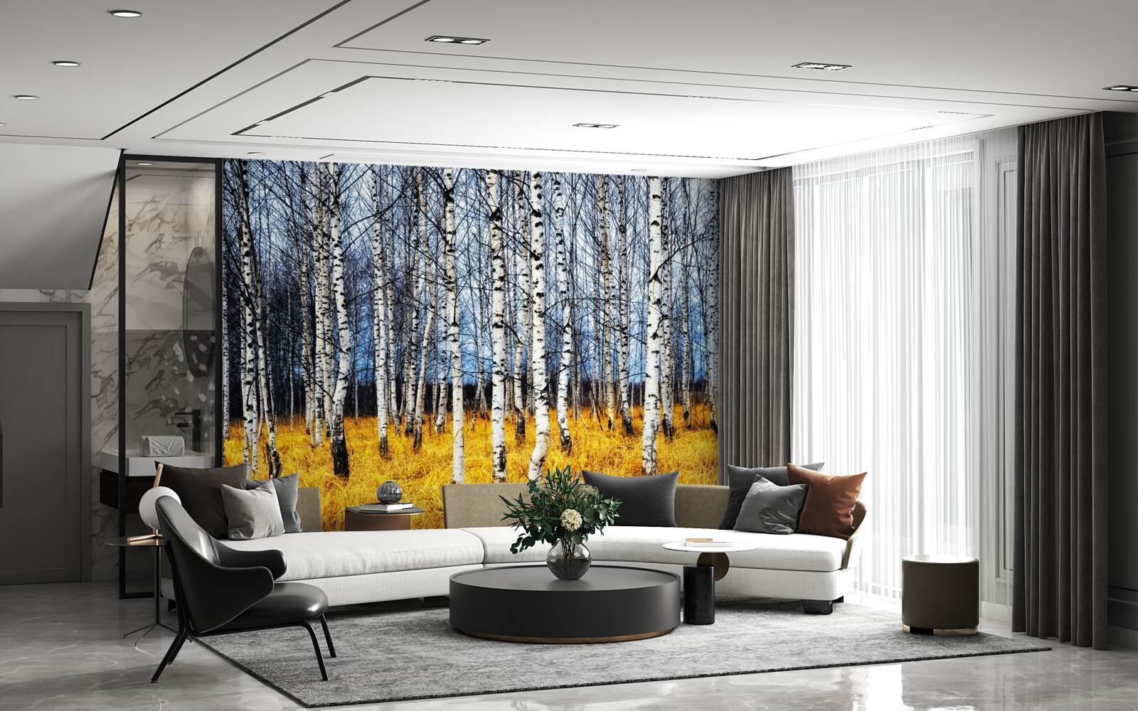 Фотошпалери опале березове листя на тлі жовтіючої лісової трави