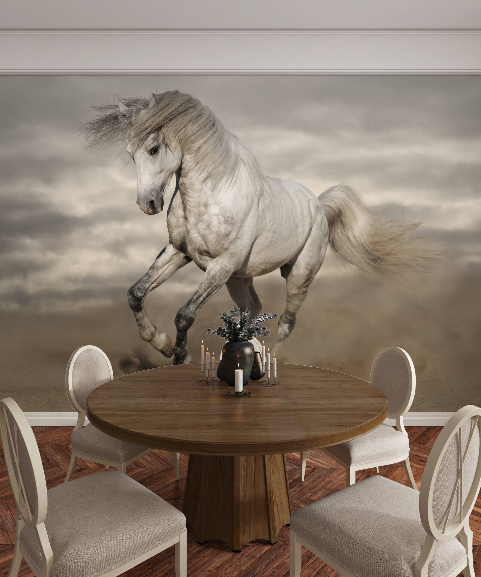 Фотошпалери біг зупиняється біля білого коня