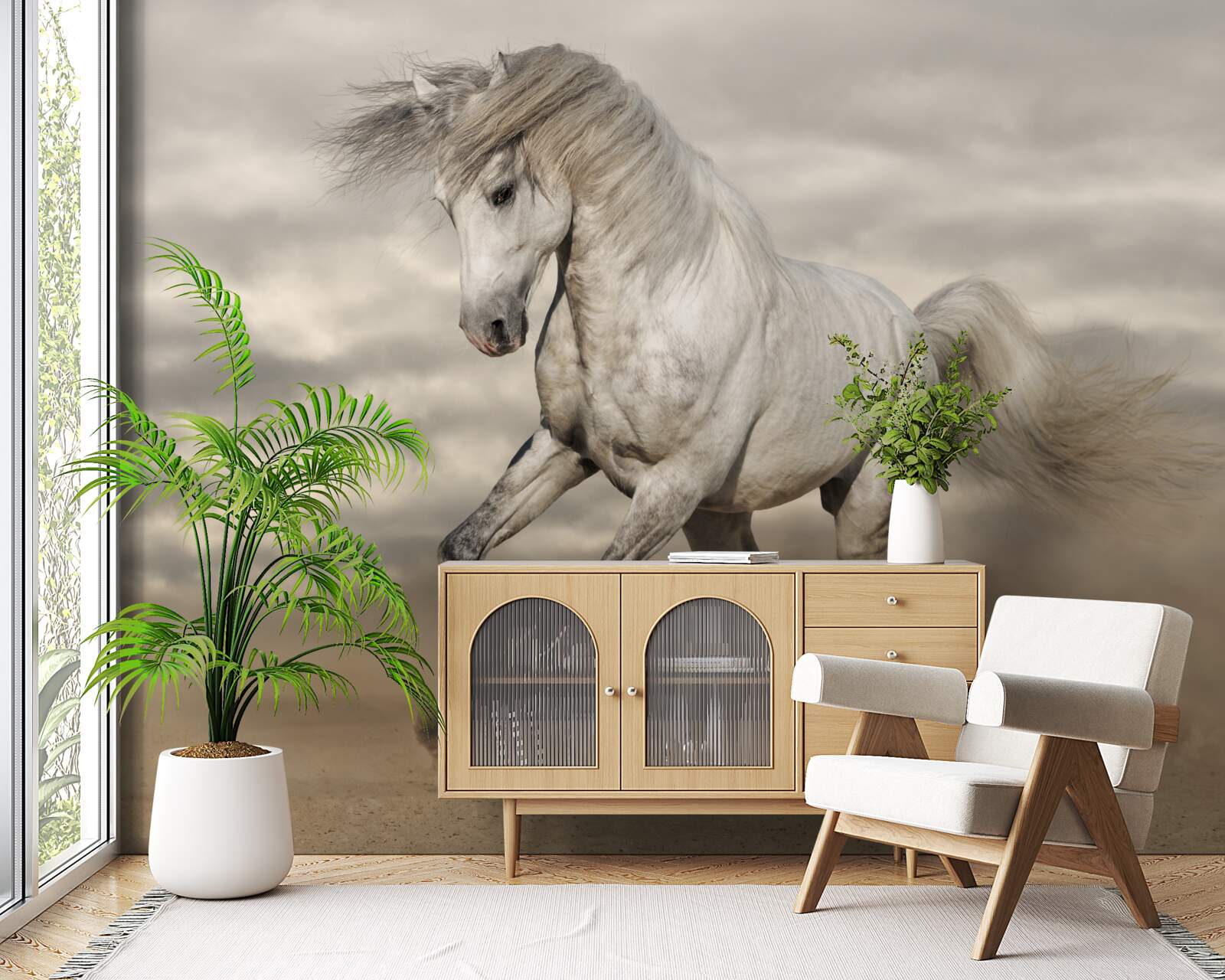 Фотошпалери біг зупиняється біля білого коня