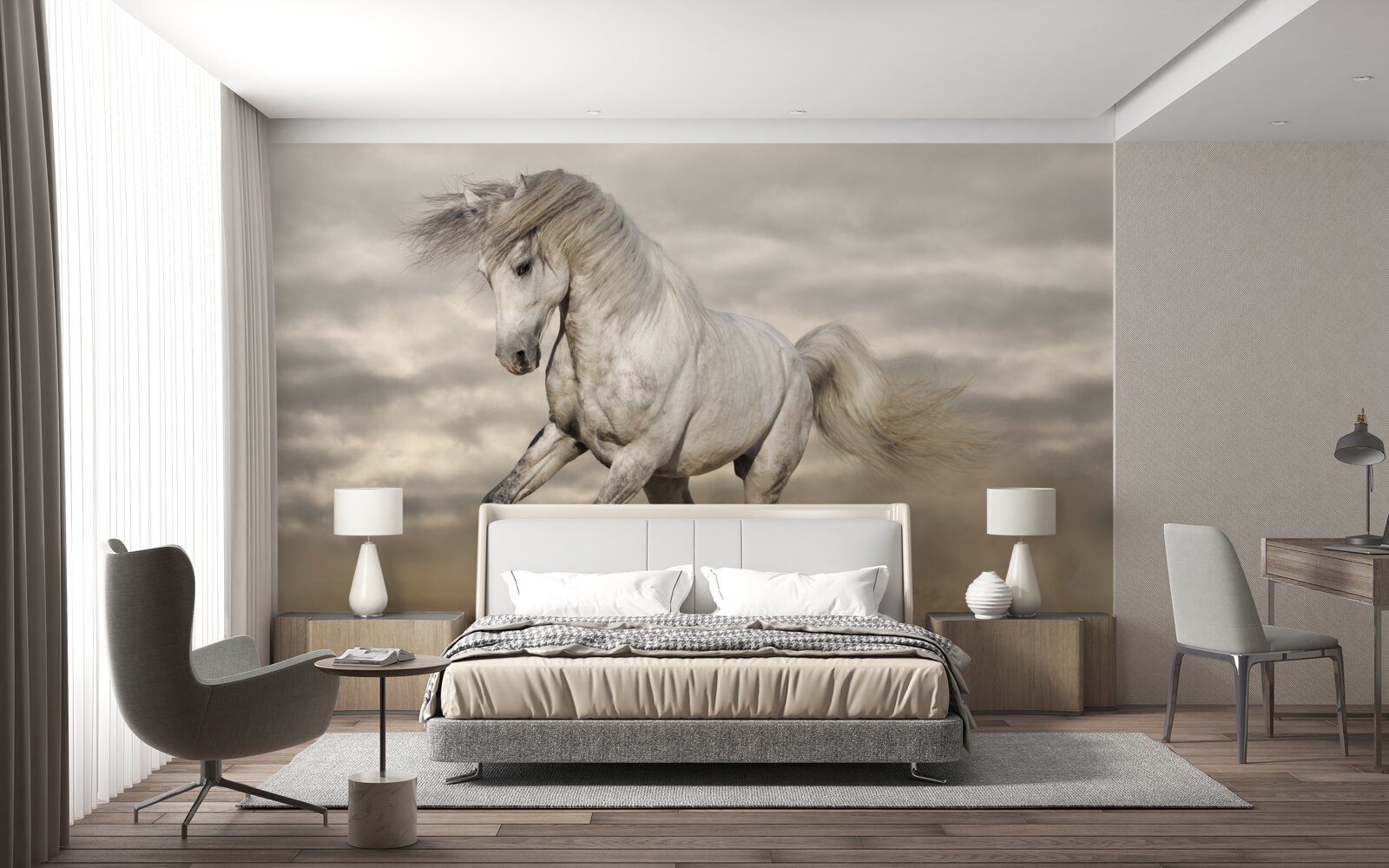 Фотошпалери біг зупиняється біля білого коня