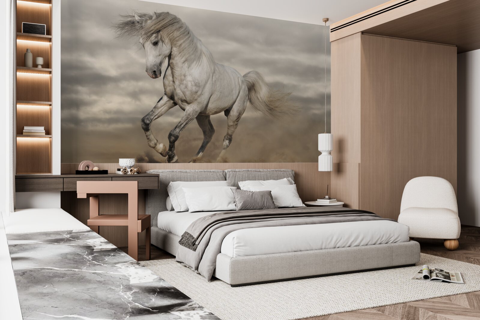 Фотошпалери біг зупиняється біля білого коня