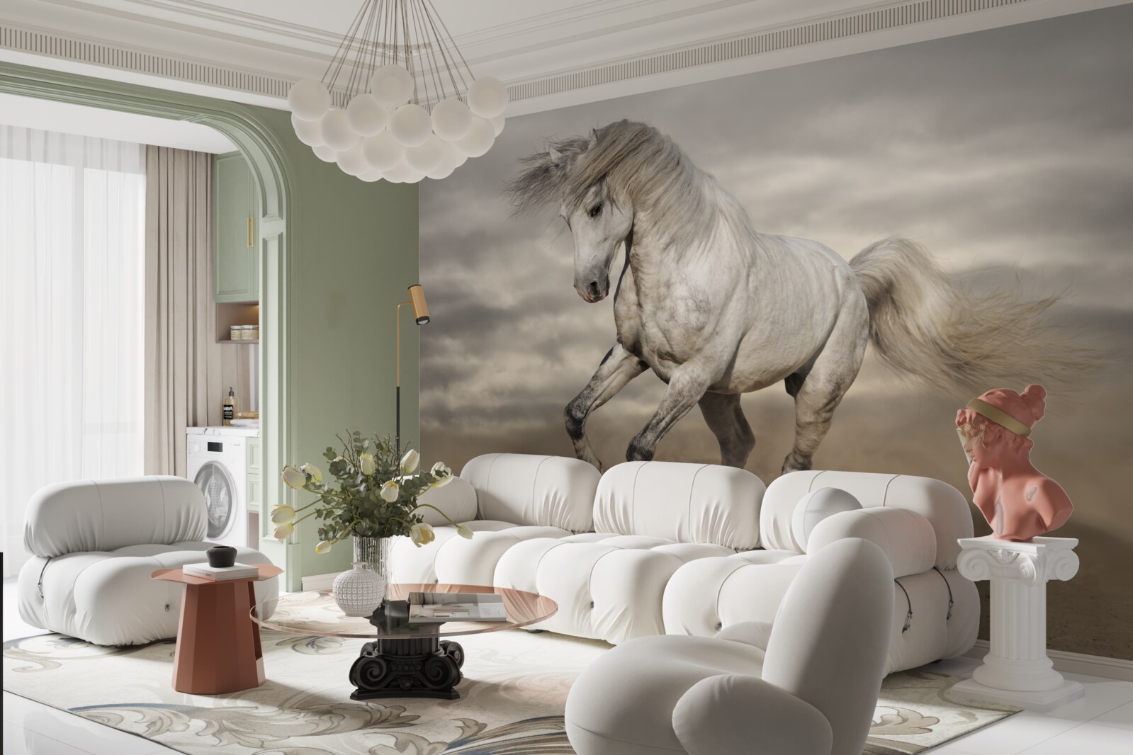 Фотошпалери біг зупиняється біля білого коня