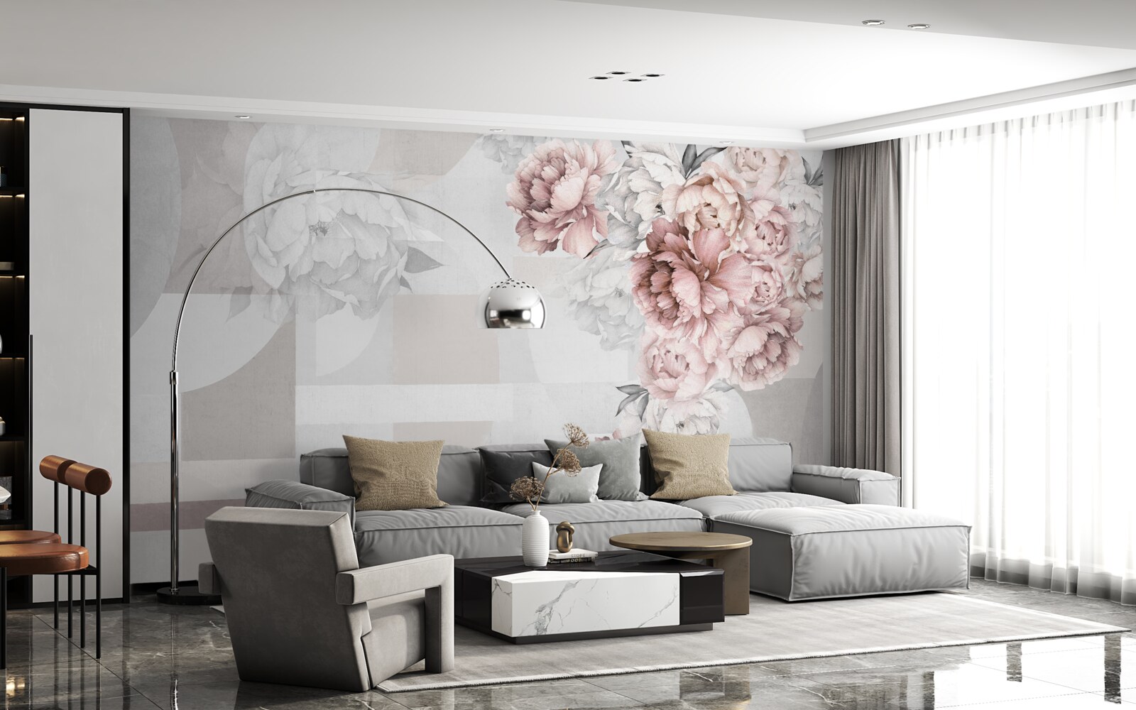 Фотошпалери великі квіти на сірому тлі