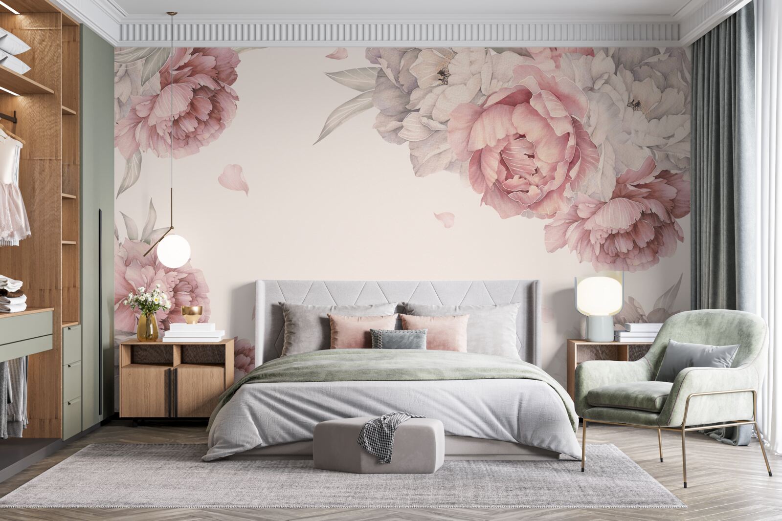 Фотошпалери великі гілки рожевих півоній