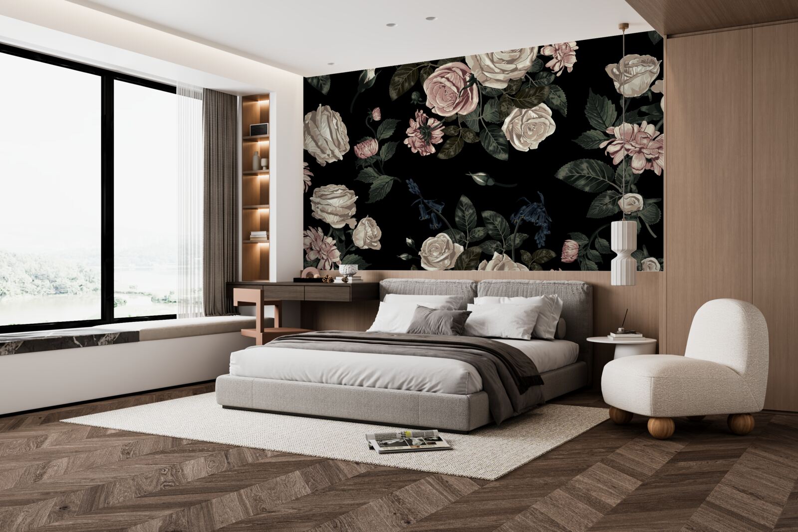 Фотошпалери яскраві бутони контрастують з темним фоном