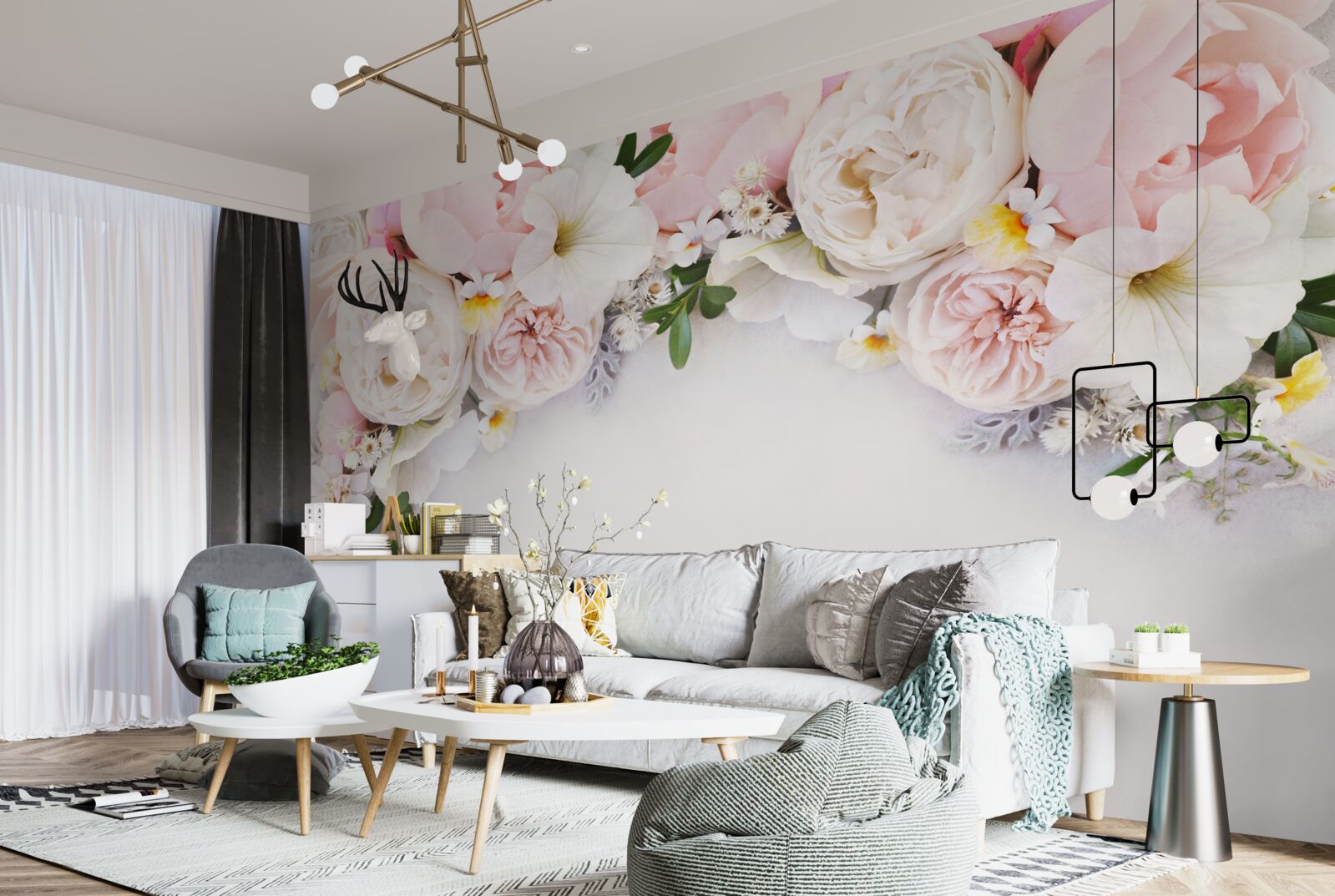 Фотошпалери гілка великих півоній світло-рожевого кольору