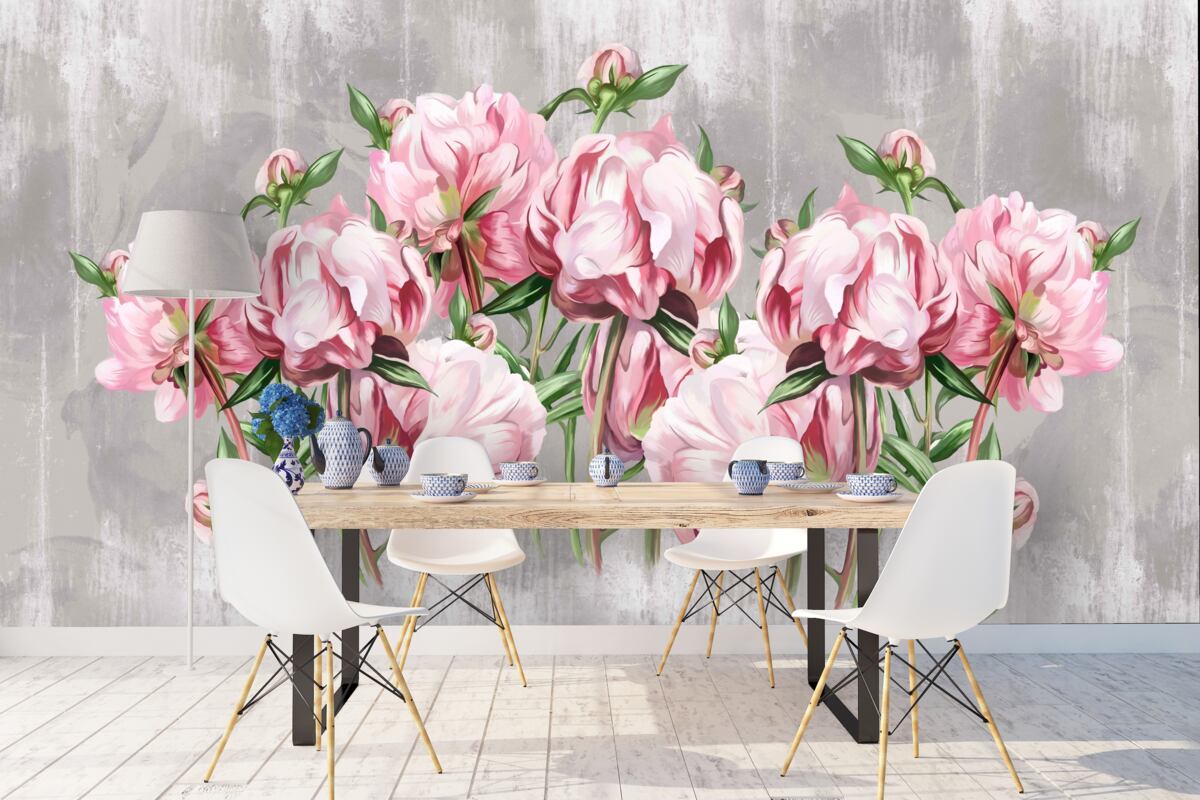 Фотошпалери дощовий час і рожеві півонії