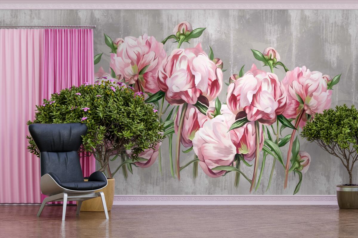 Фотошпалери дощовий час і рожеві півонії