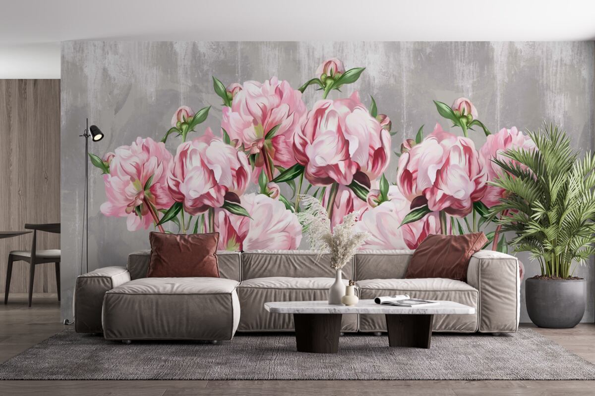 Фотошпалери дощовий час і рожеві півонії