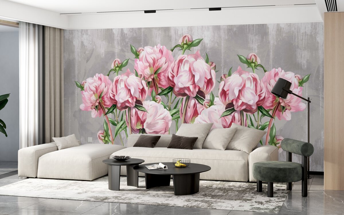 Фотошпалери дощовий час і рожеві півонії