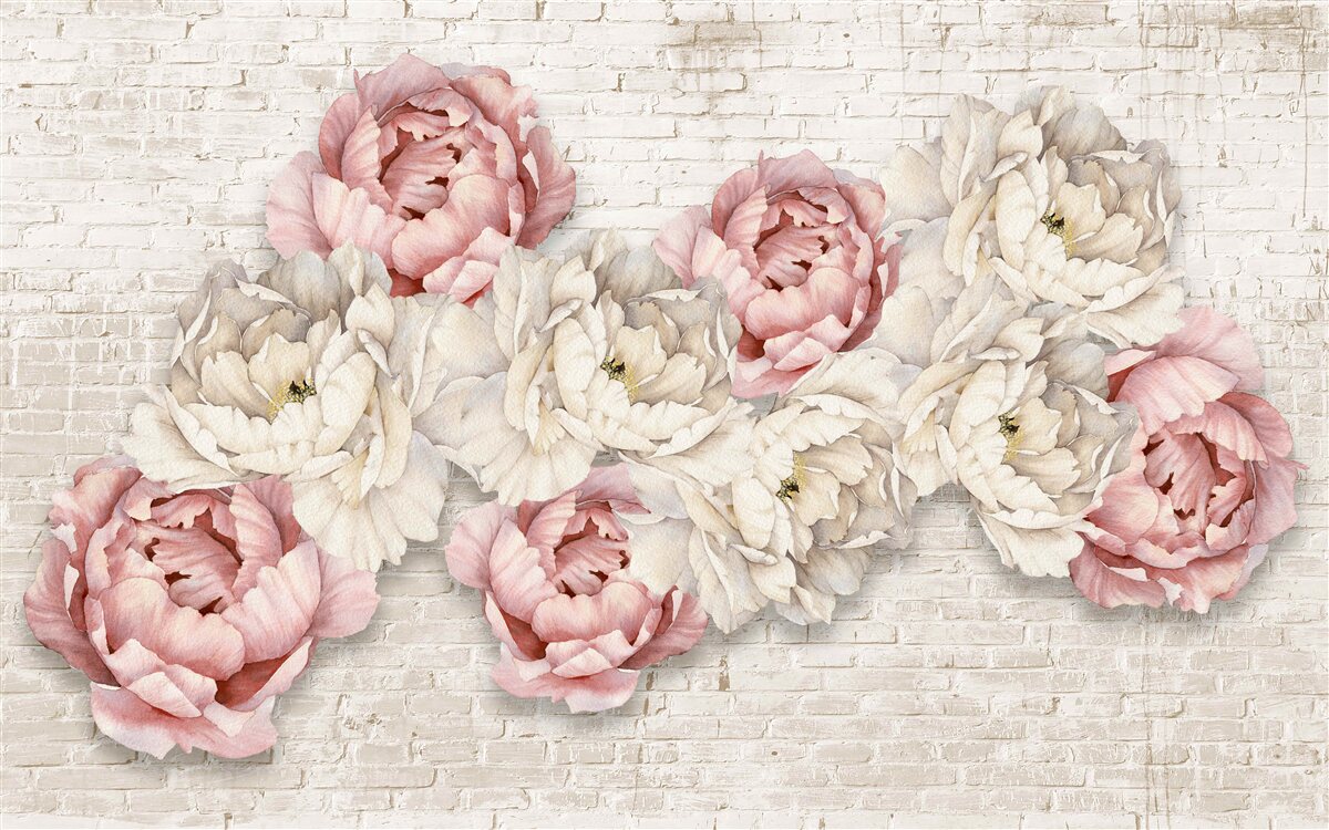 Фотошпалери цегляне тло прикрашене білими та рожевими бутонами