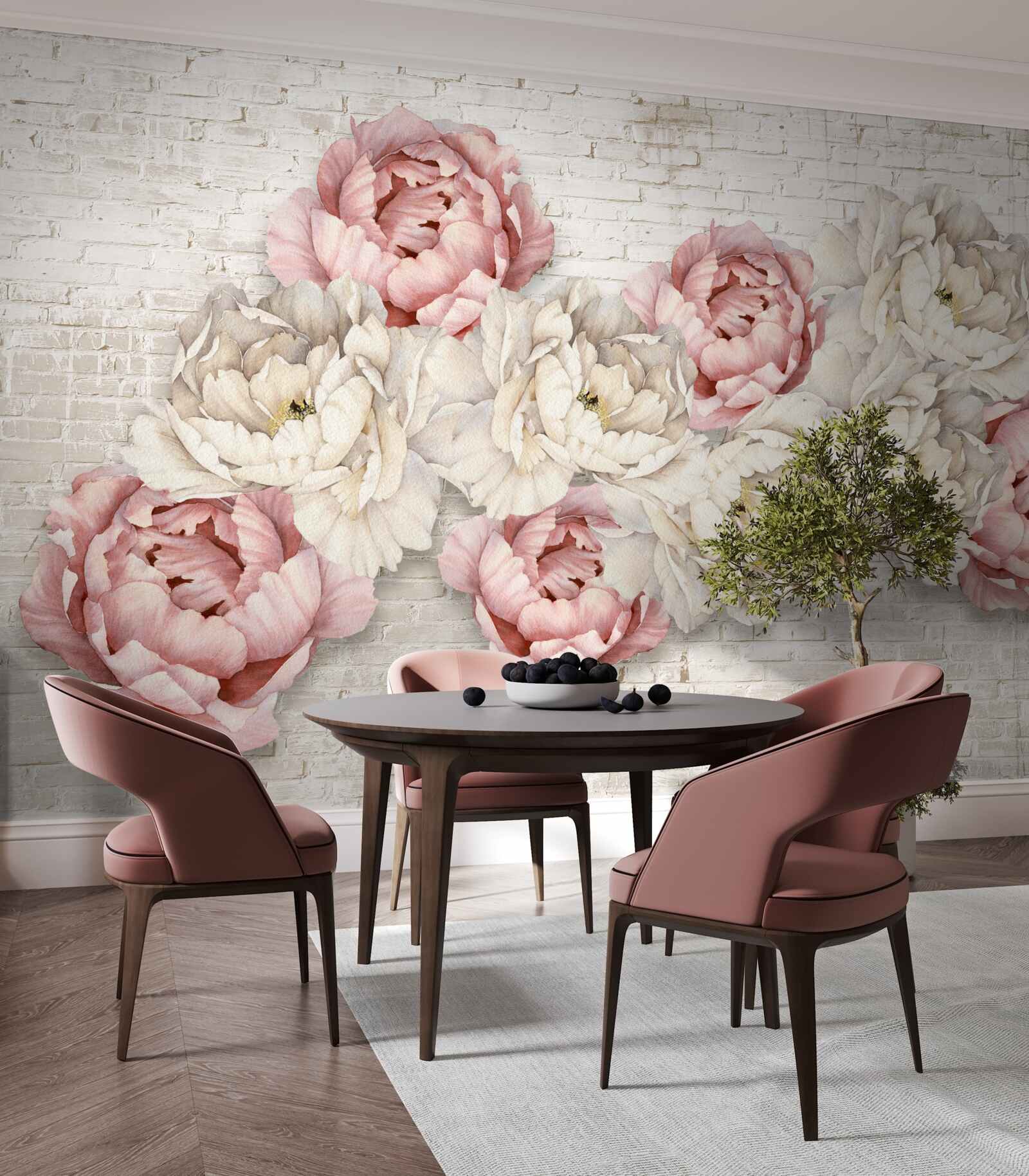 Фотошпалери цегляне тло прикрашене білими та рожевими бутонами