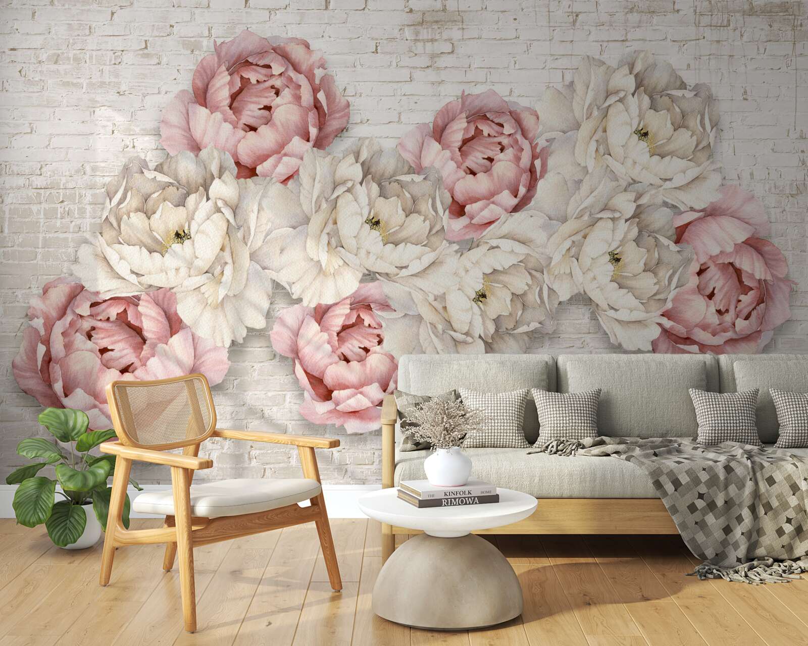 Фотошпалери цегляне тло прикрашене білими та рожевими бутонами