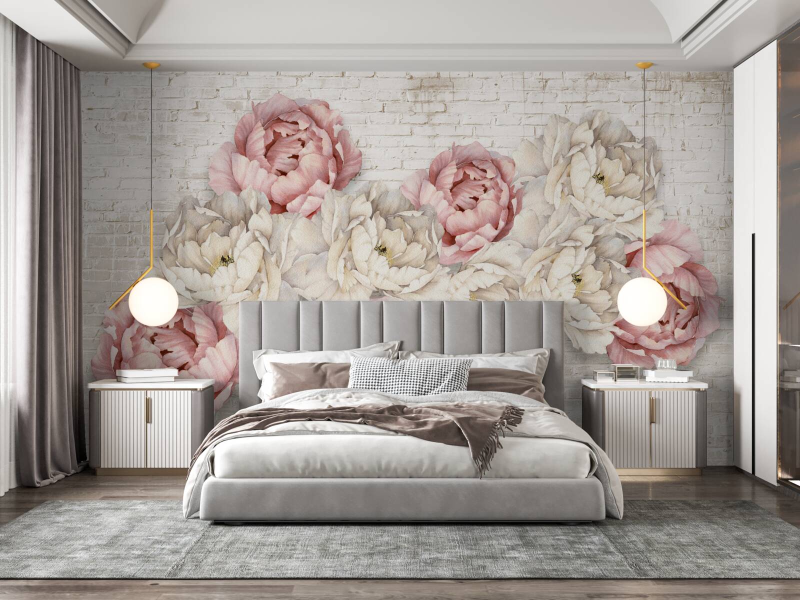Фотошпалери цегляне тло прикрашене білими та рожевими бутонами