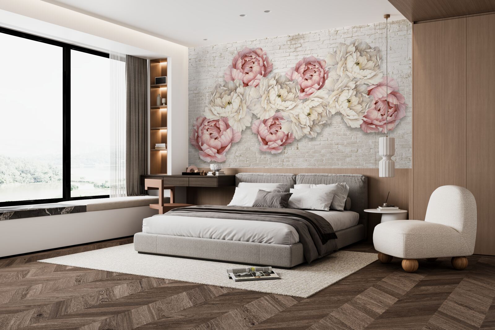 Фотошпалери цегляне тло прикрашене білими та рожевими бутонами