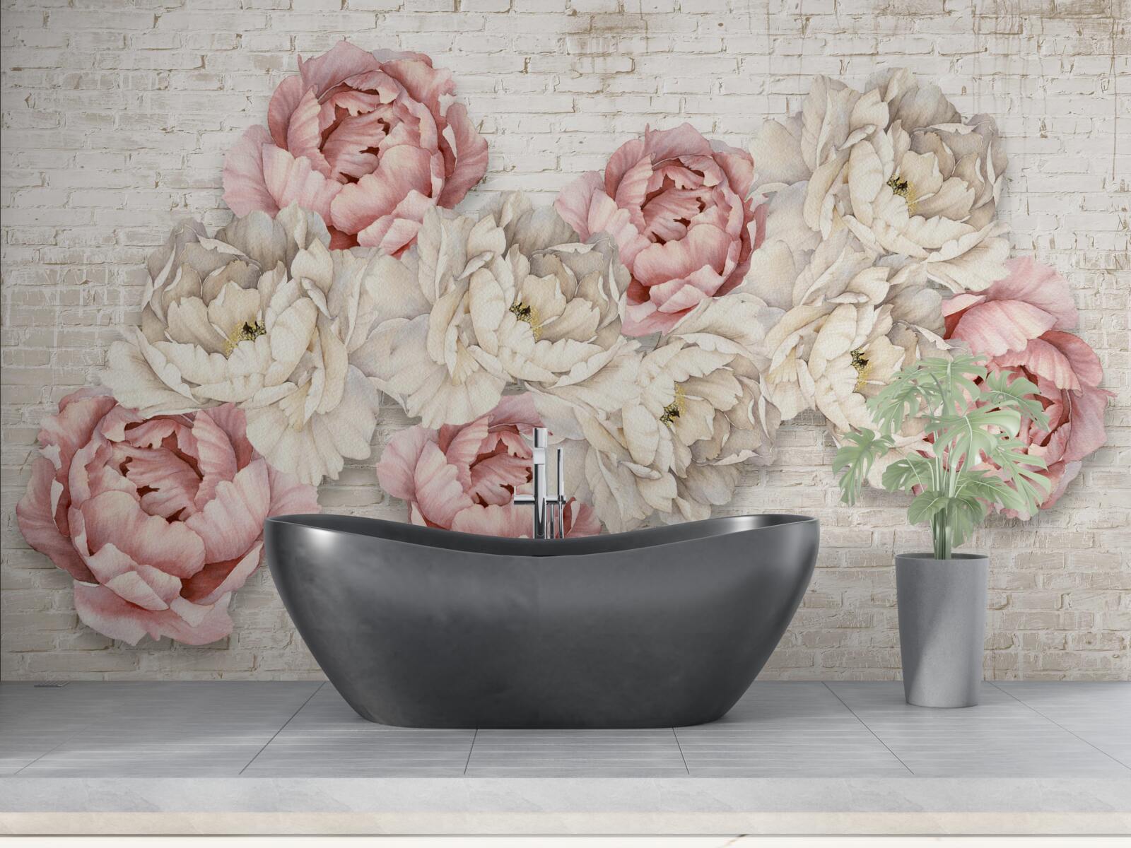 Фотошпалери цегляне тло прикрашене білими та рожевими бутонами