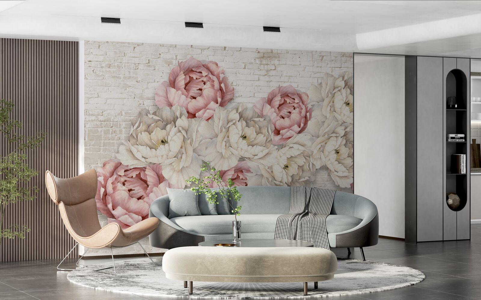 Фотошпалери цегляне тло прикрашене білими та рожевими бутонами