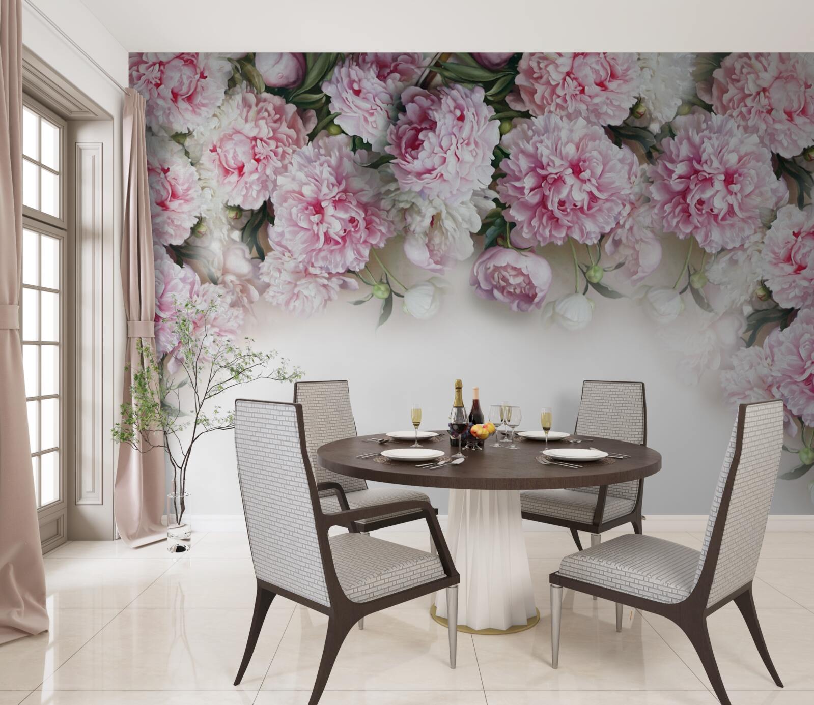 Фотошпалери біло-рожеві квіти, що каскадом спадають вниз