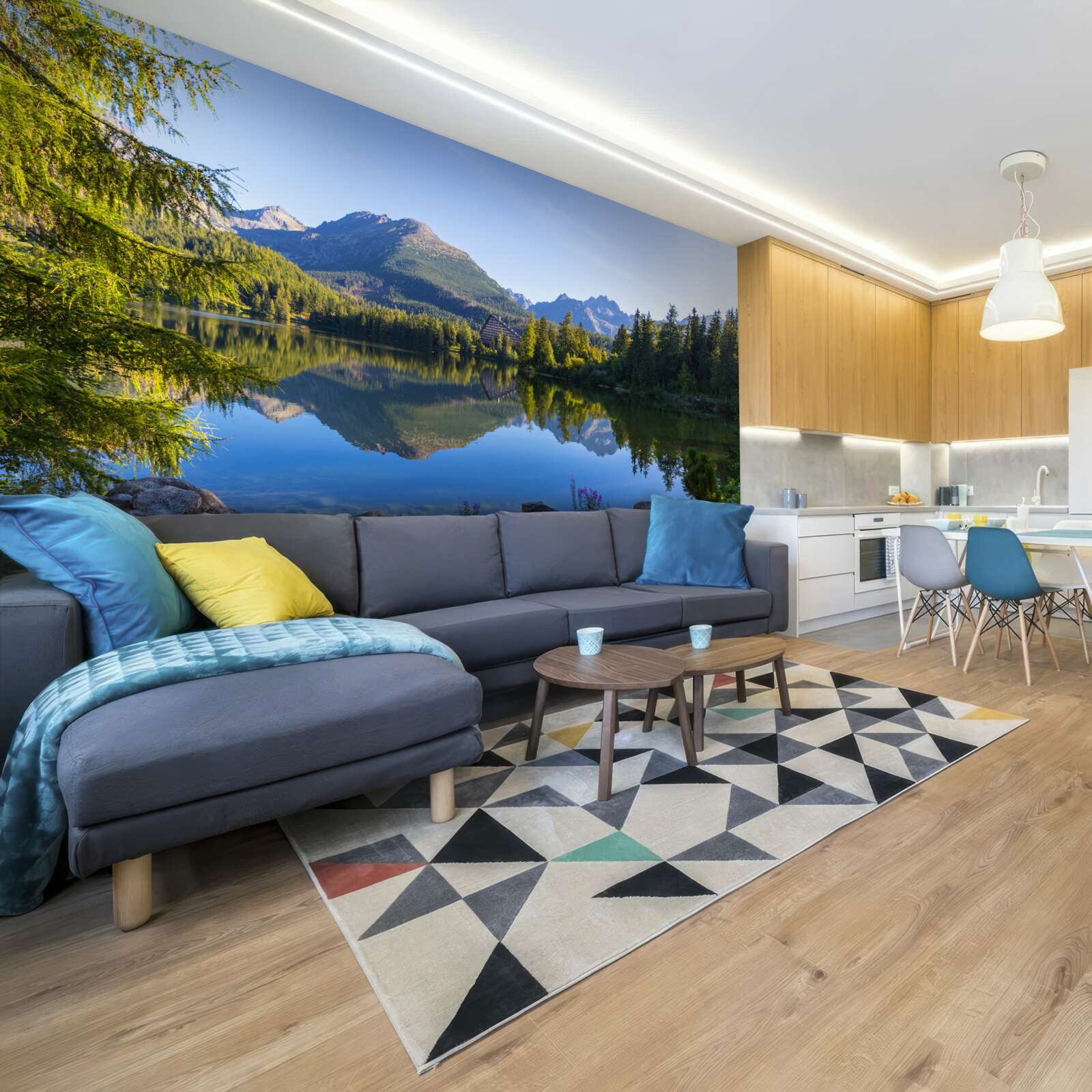 Фотошпалери сонячний день біля спокійної гірської річки