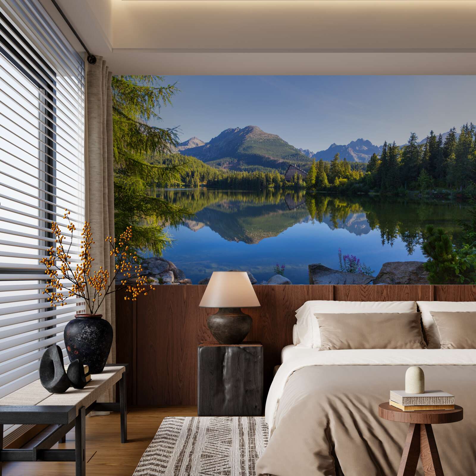 Фотошпалери сонячний день біля спокійної гірської річки