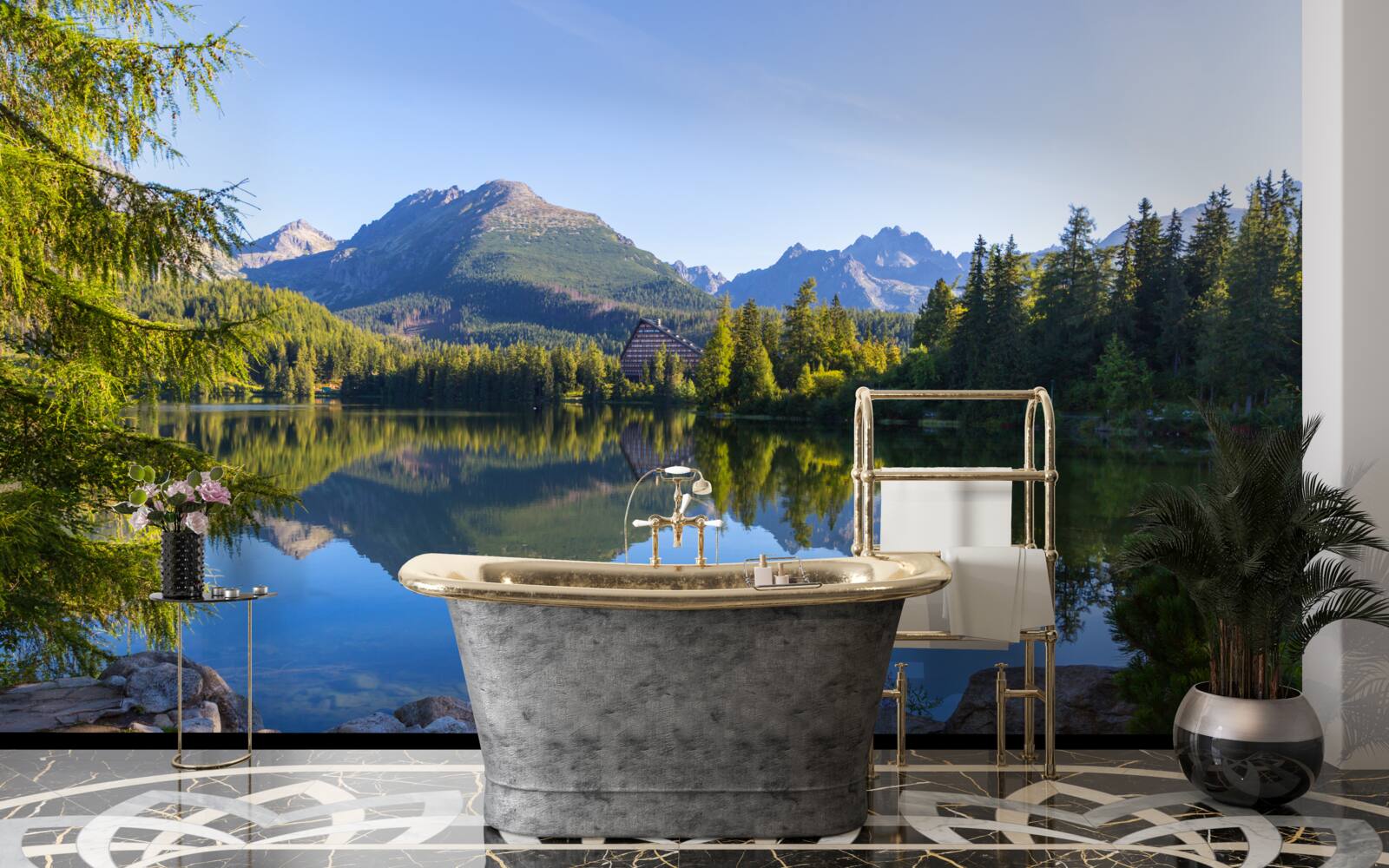 Фотошпалери сонячний день біля спокійної гірської річки