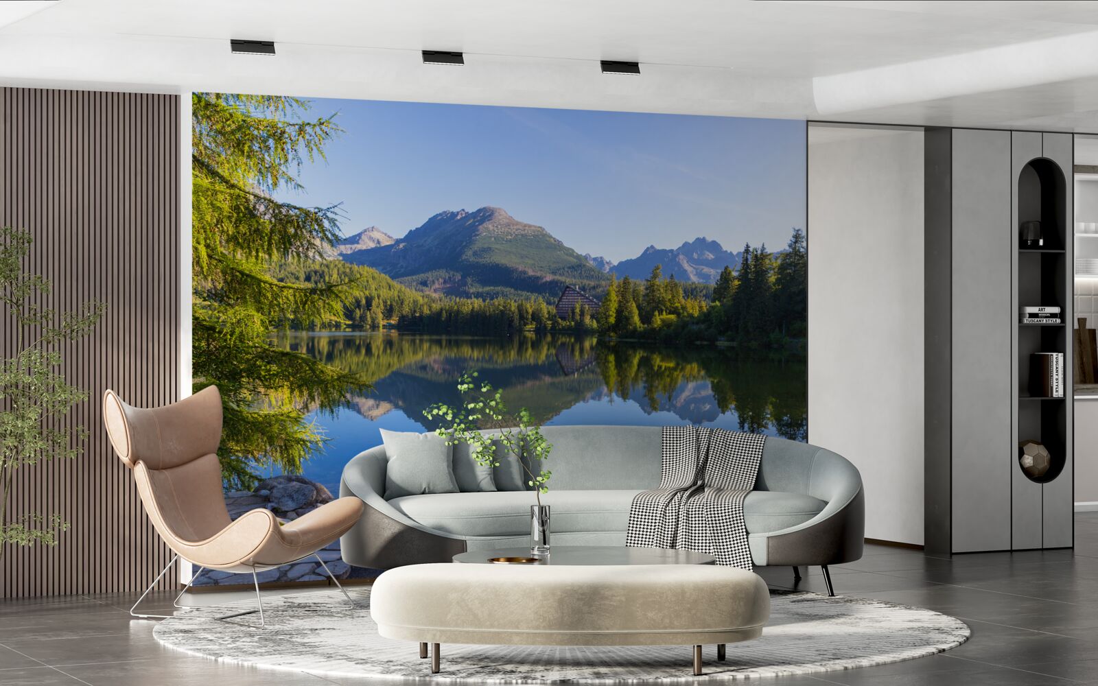 Фотошпалери сонячний день біля спокійної гірської річки