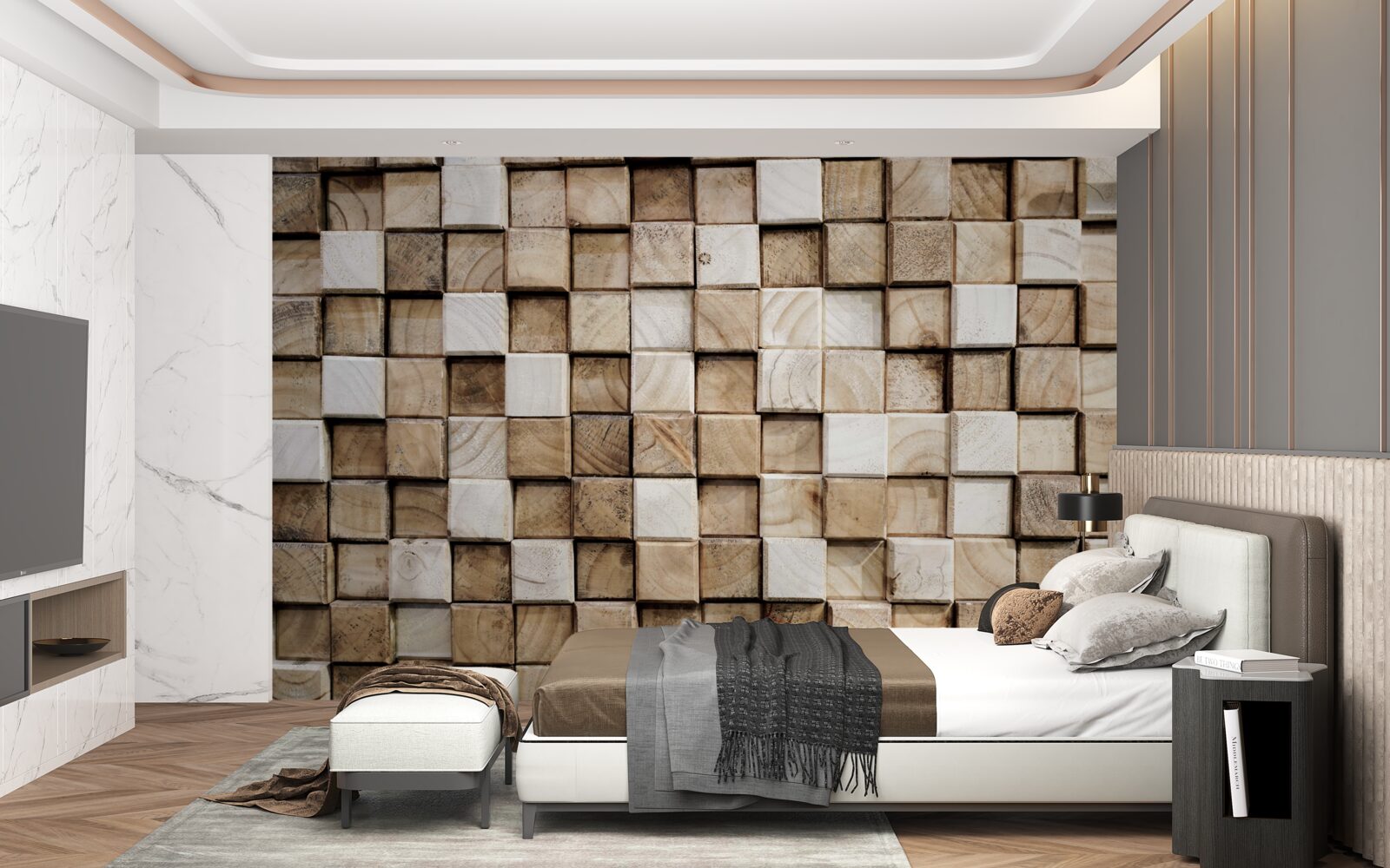 Фотошпалери об'ємні квадратні конструкції з білого дерева