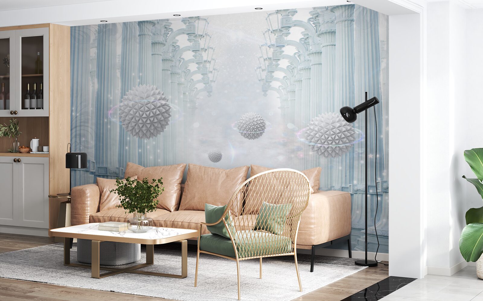 Фотошпалери нескінченна колонада та білі кулі