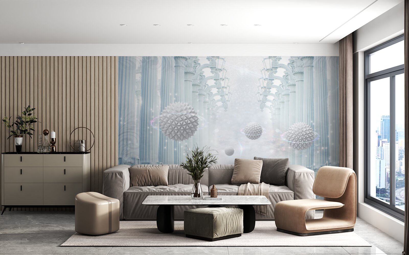 Фотошпалери нескінченна колонада та білі кулі