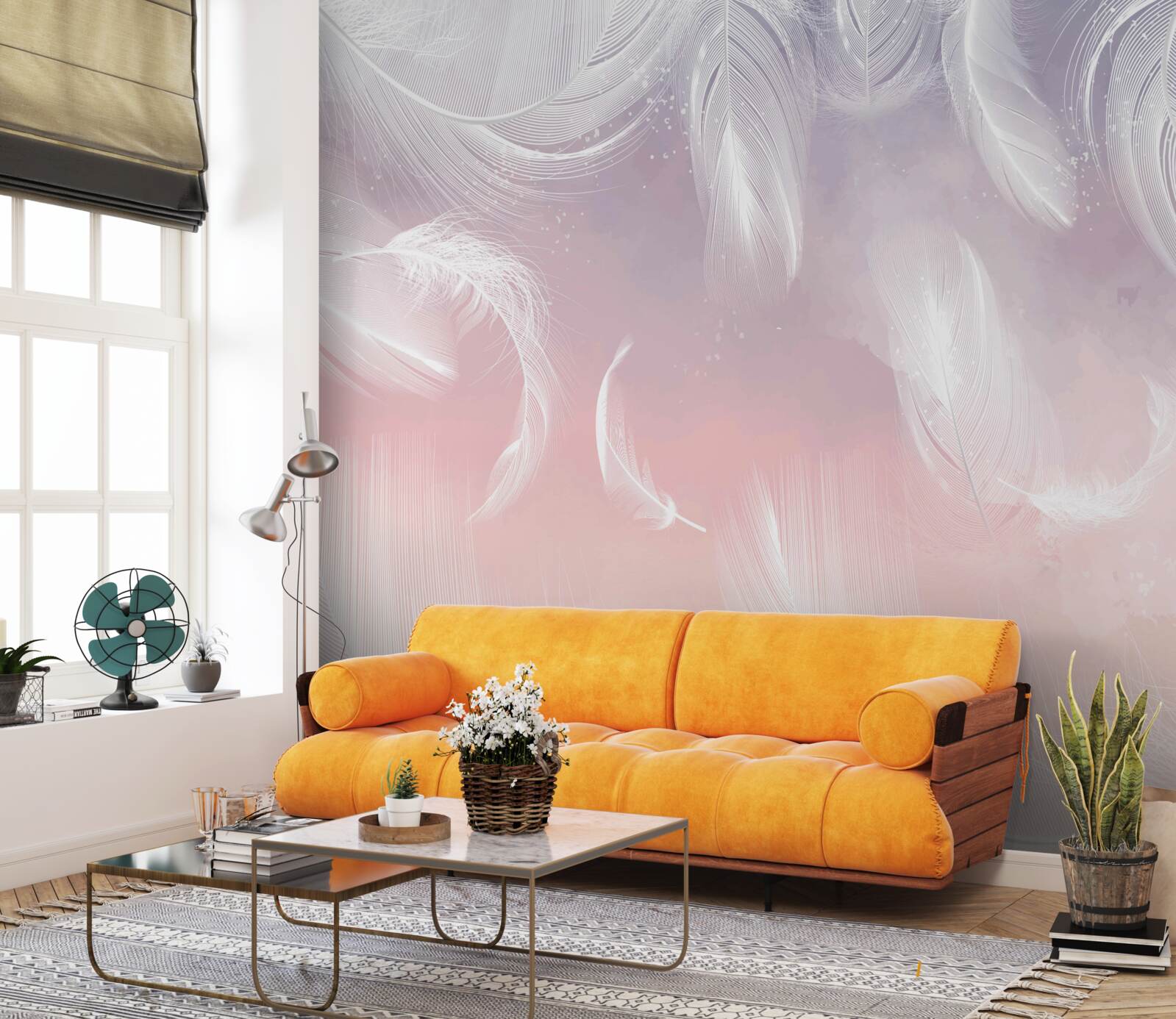 Фотошпалери біле пір'я, що пливе у вечірньому заході сонця