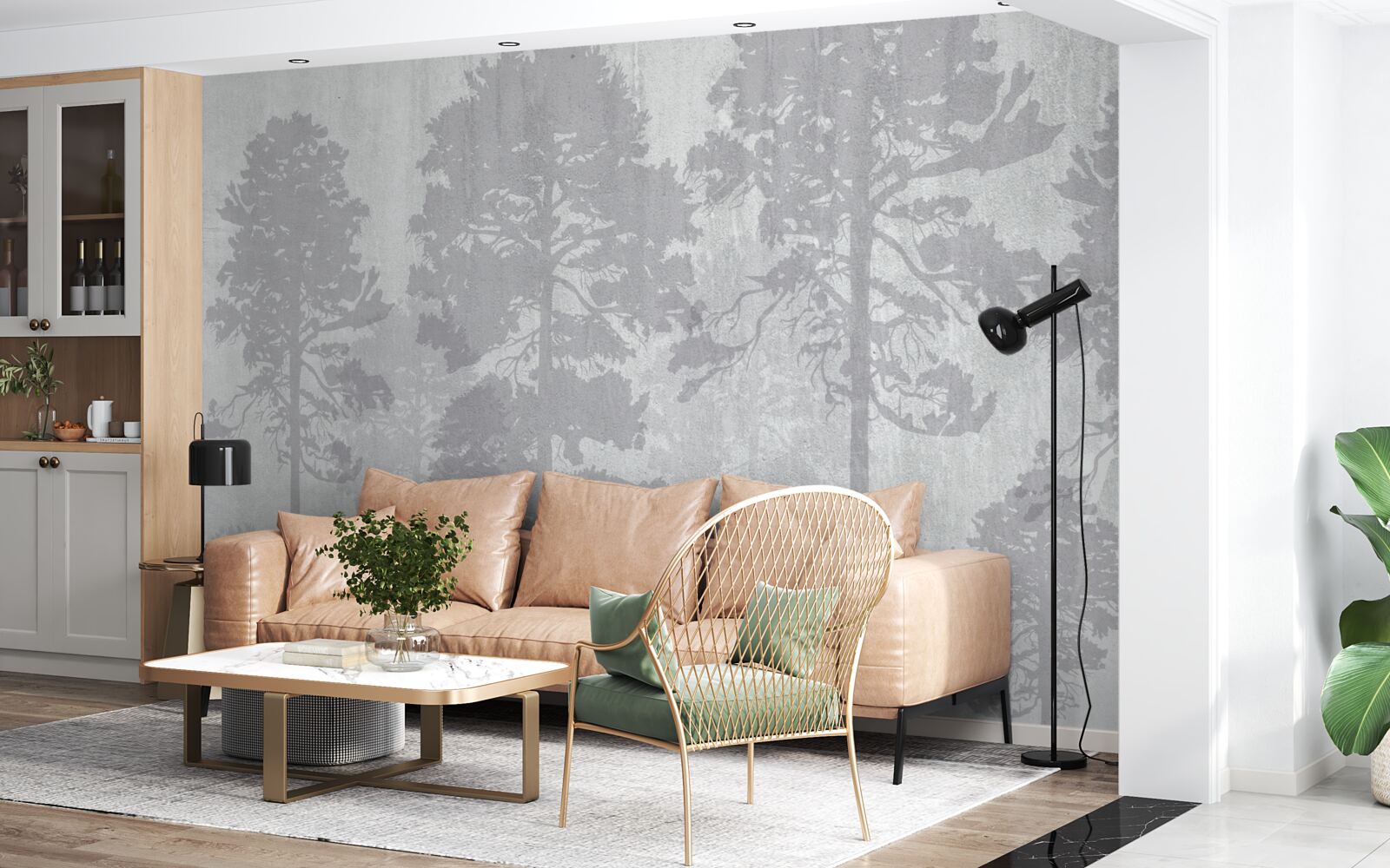 Фотошпалери Туманні контури лісових дерев на узліссі виглядають стрункими