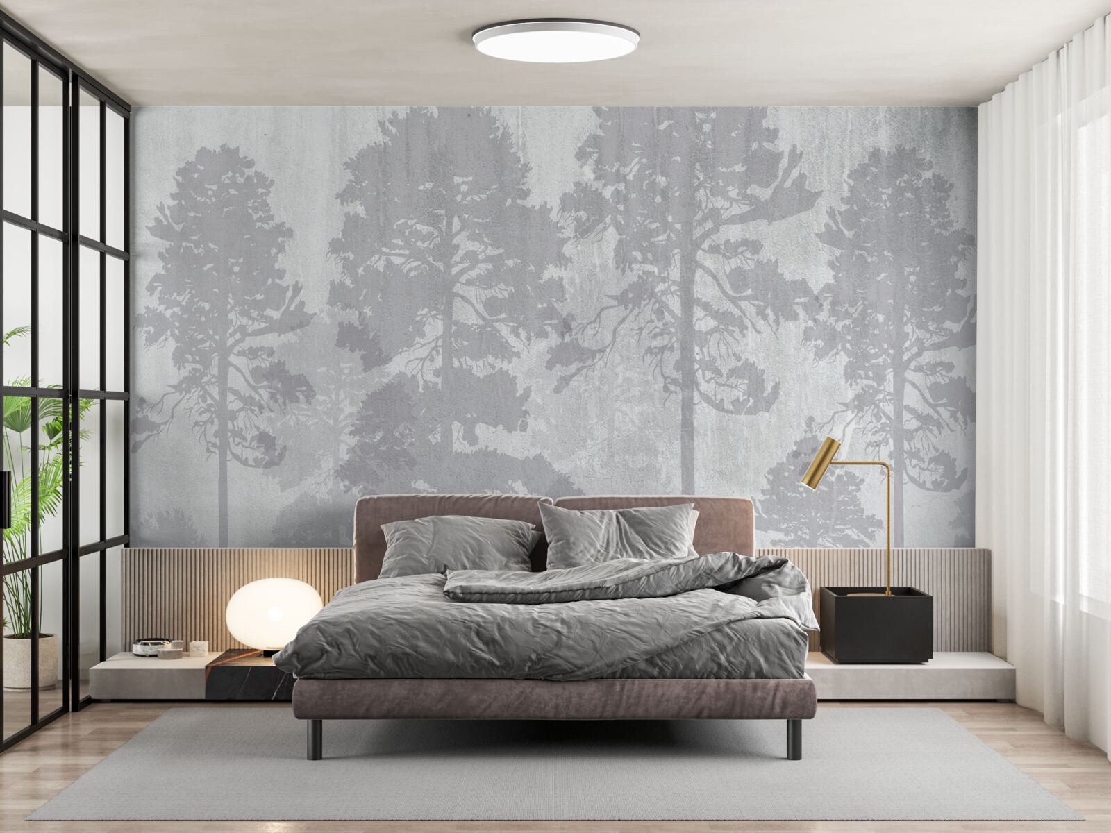 Фотошпалери Туманні контури лісових дерев на узліссі виглядають стрункими