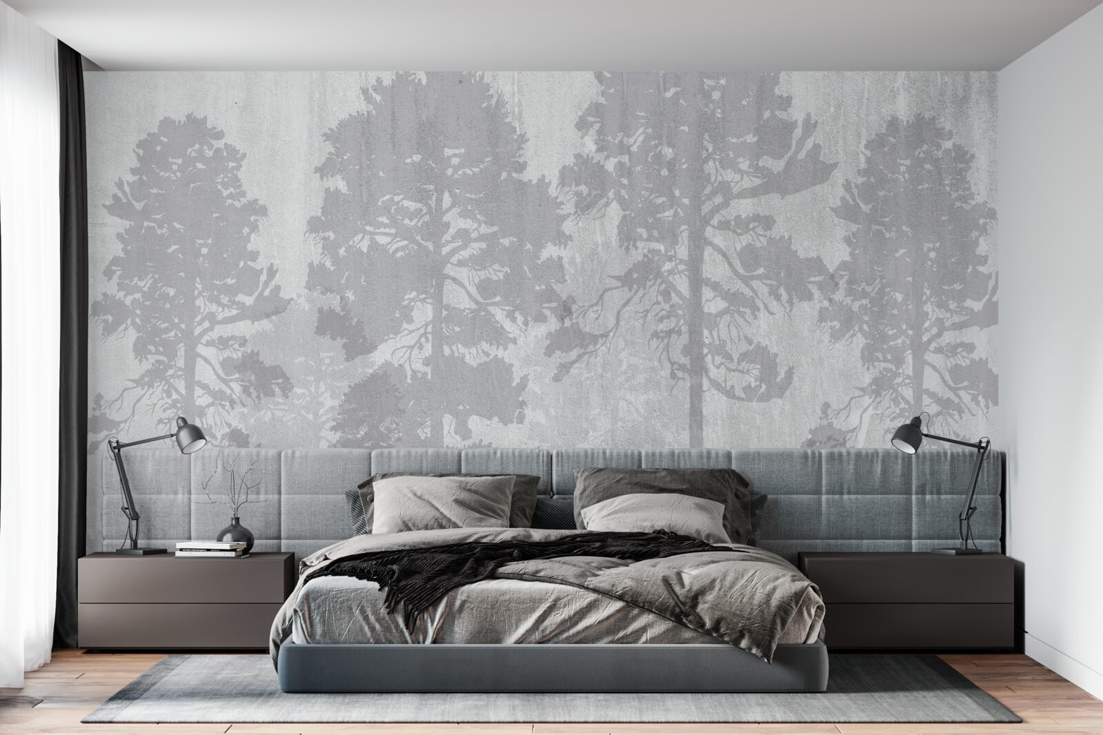 Фотошпалери Туманні контури лісових дерев на узліссі виглядають стрункими