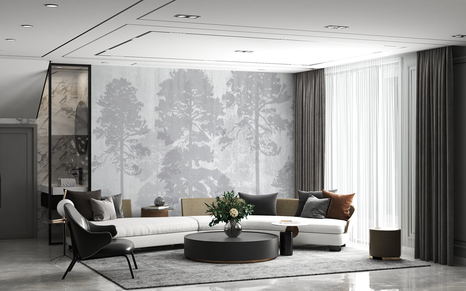 Фотошпалери Туманні контури лісових дерев на узліссі виглядають стрункими