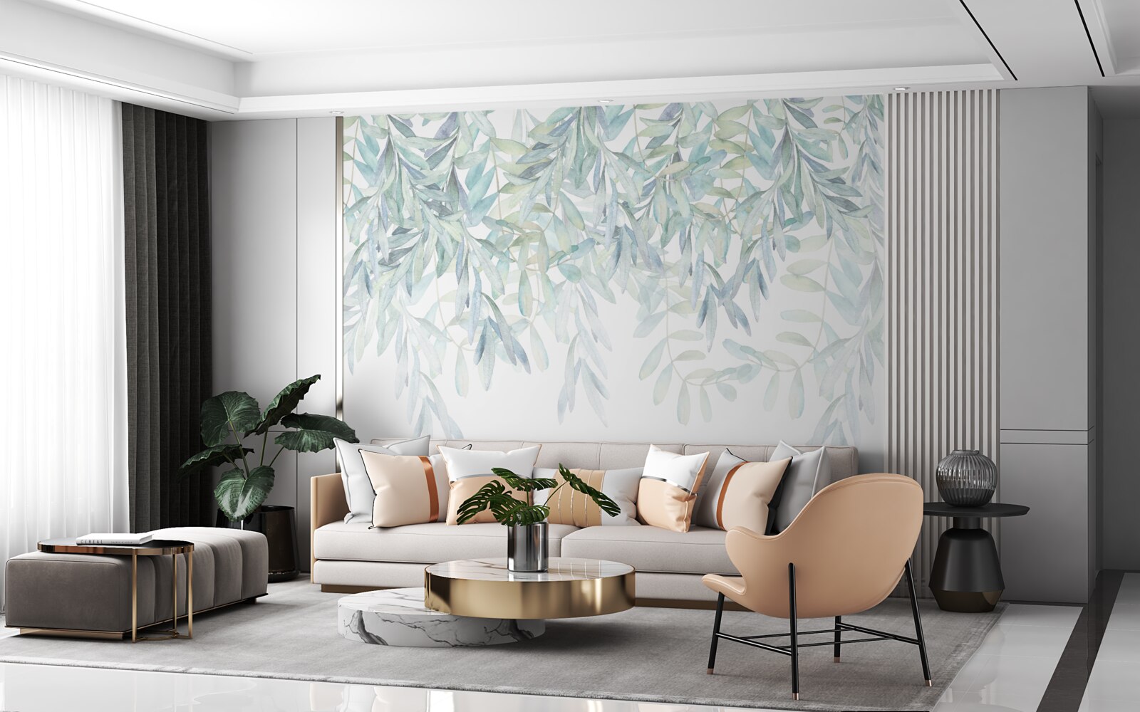 Фотошпалери пишні зелені рослини на білому тлі